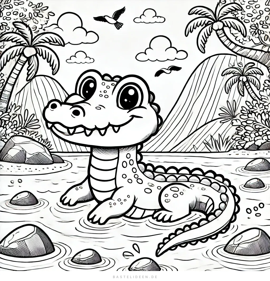 Krokodil im Tropenparadies mit Palmen und Bergen