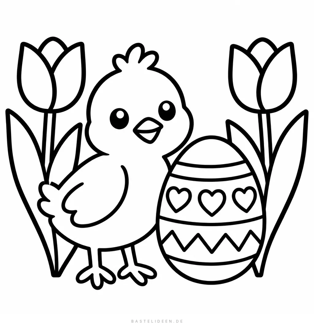 Küken neben einem Osterei mit Herzen, zwischen Tulpen