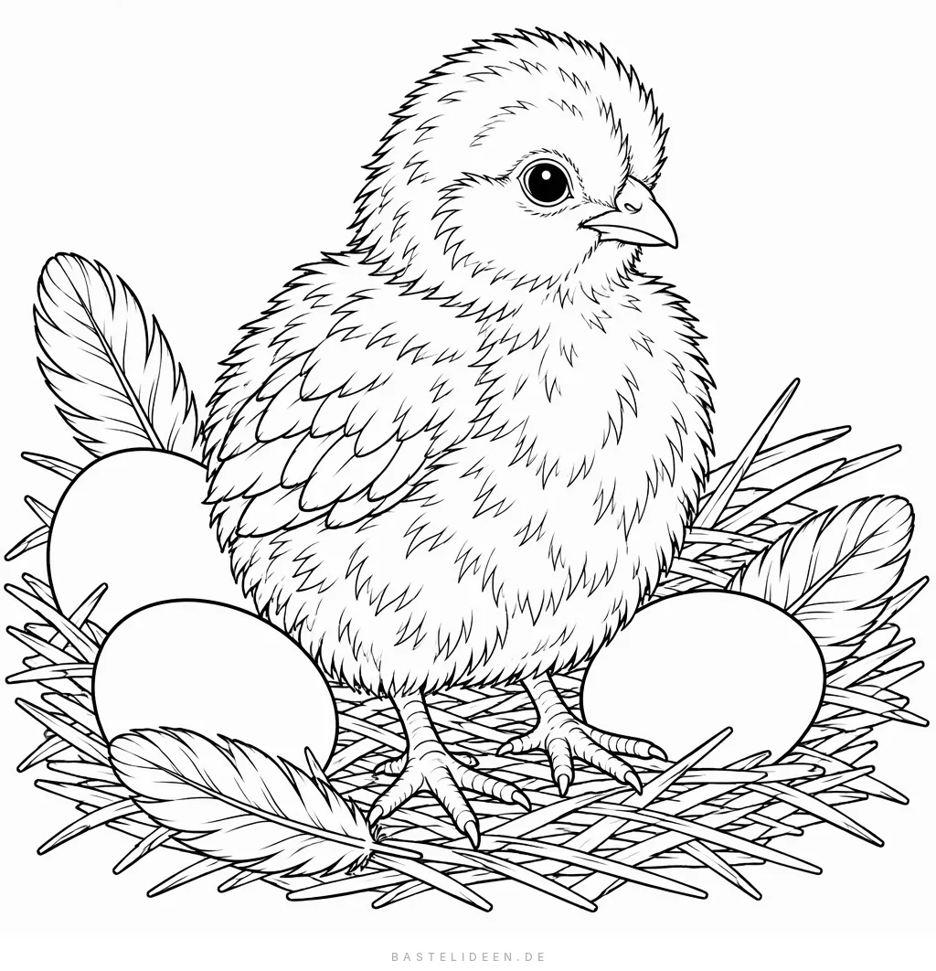 Realistisches flauschiges Küken im Stroh mit Eiern und Federn