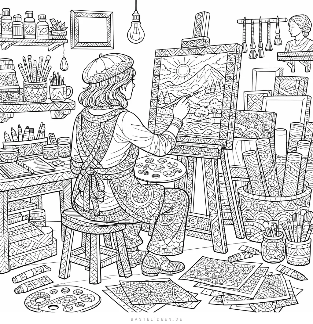 Künstler malt an Staffelei in seinem Atelier