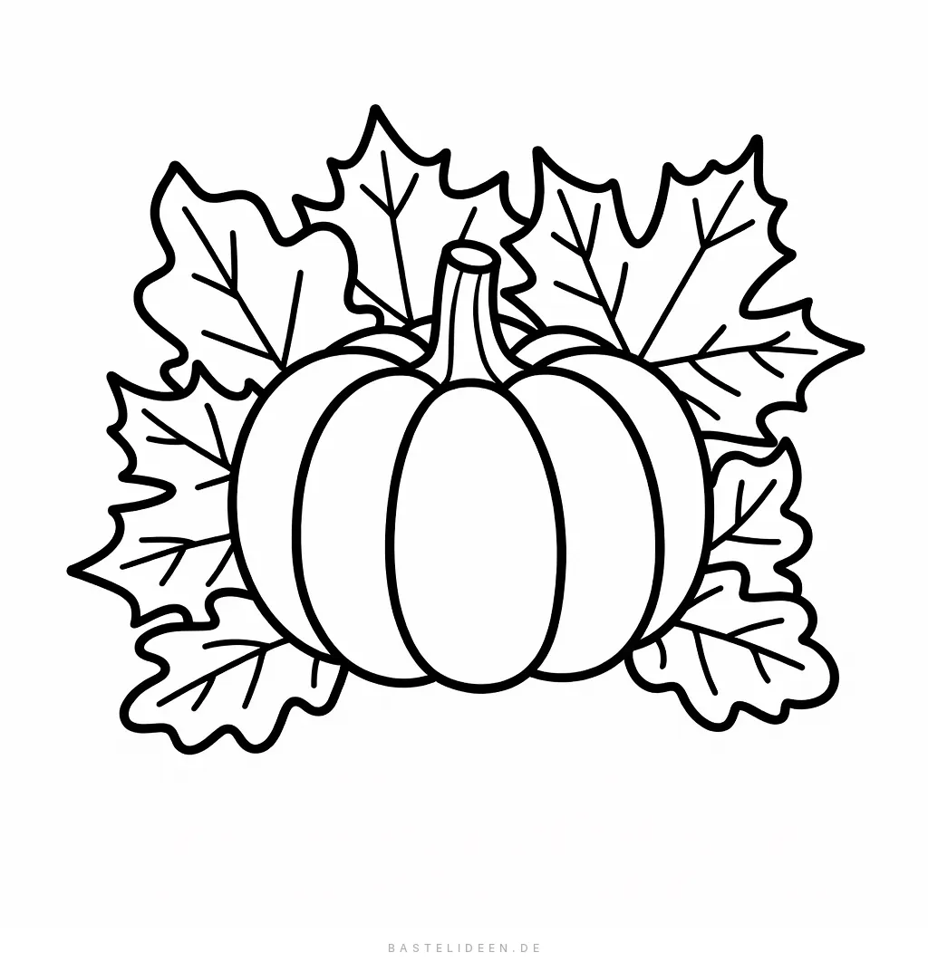 Kürbis umgeben von großen Herbstblättern