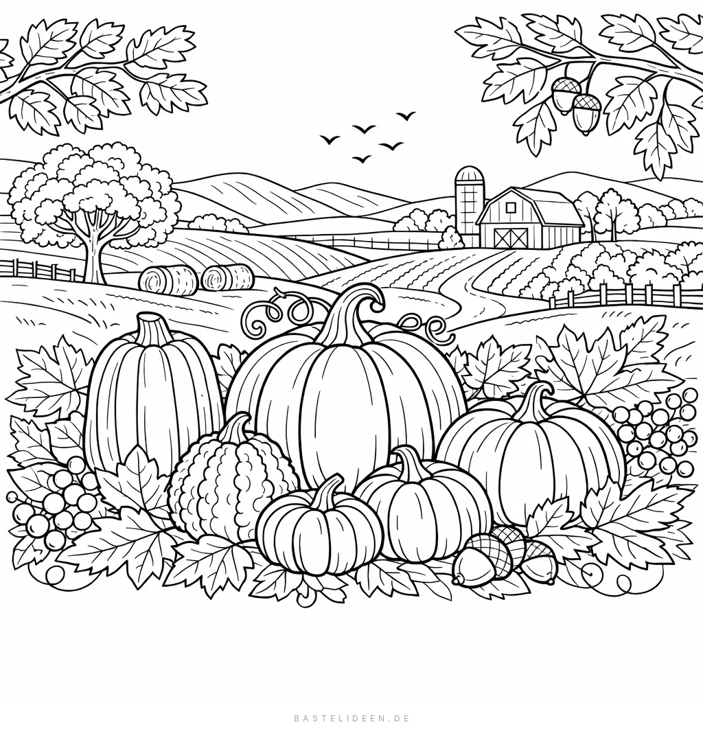 Herbstliche Landschaft mit mehreren Kürbissen und Blättern