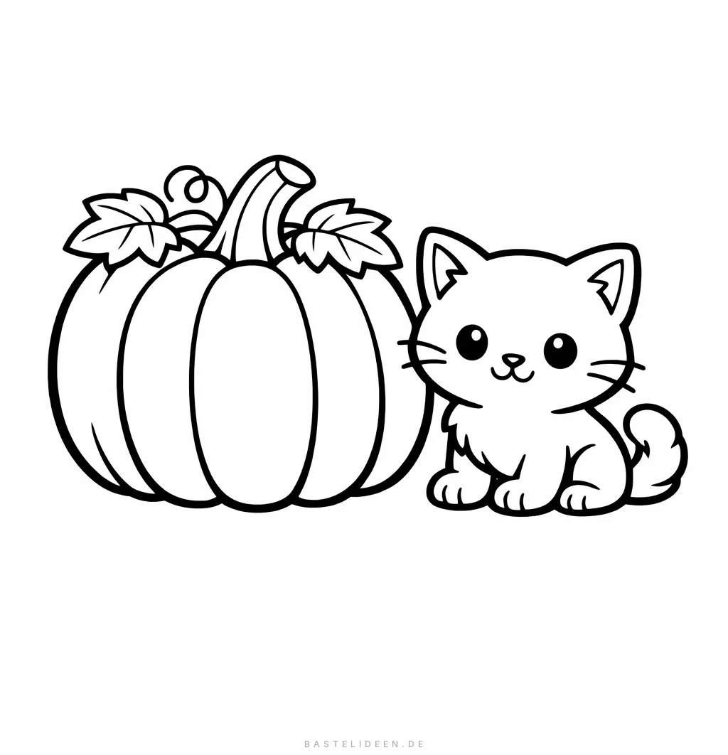 Kürbis mit süßer Katze und Herbstblättern