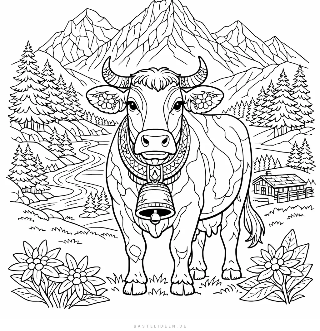 Kuh vor majestätischer Bergkulisse mit Gipfeln und Almwiese