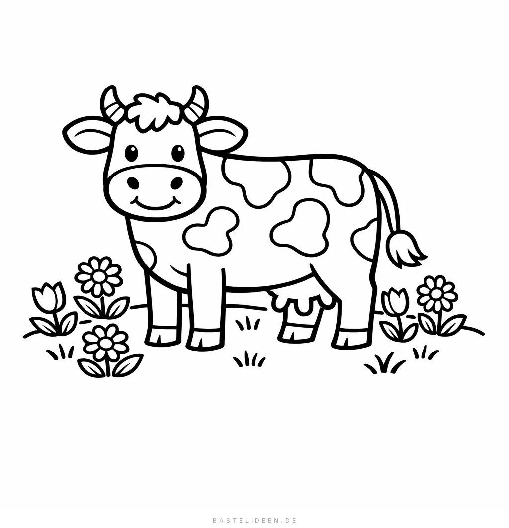 Kuh steht inmitten einer bunten Blumenwiese mit Gänseblümchen