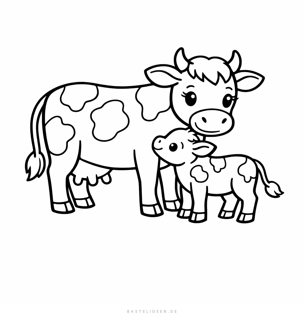Mutterkuh mit ihrem kleinen Kalb auf der Weide