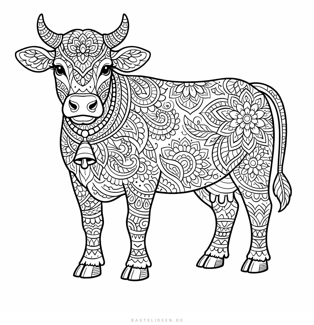 Kuh verziert mit kunstvollen Zentangle-Mustern und Ornamenten