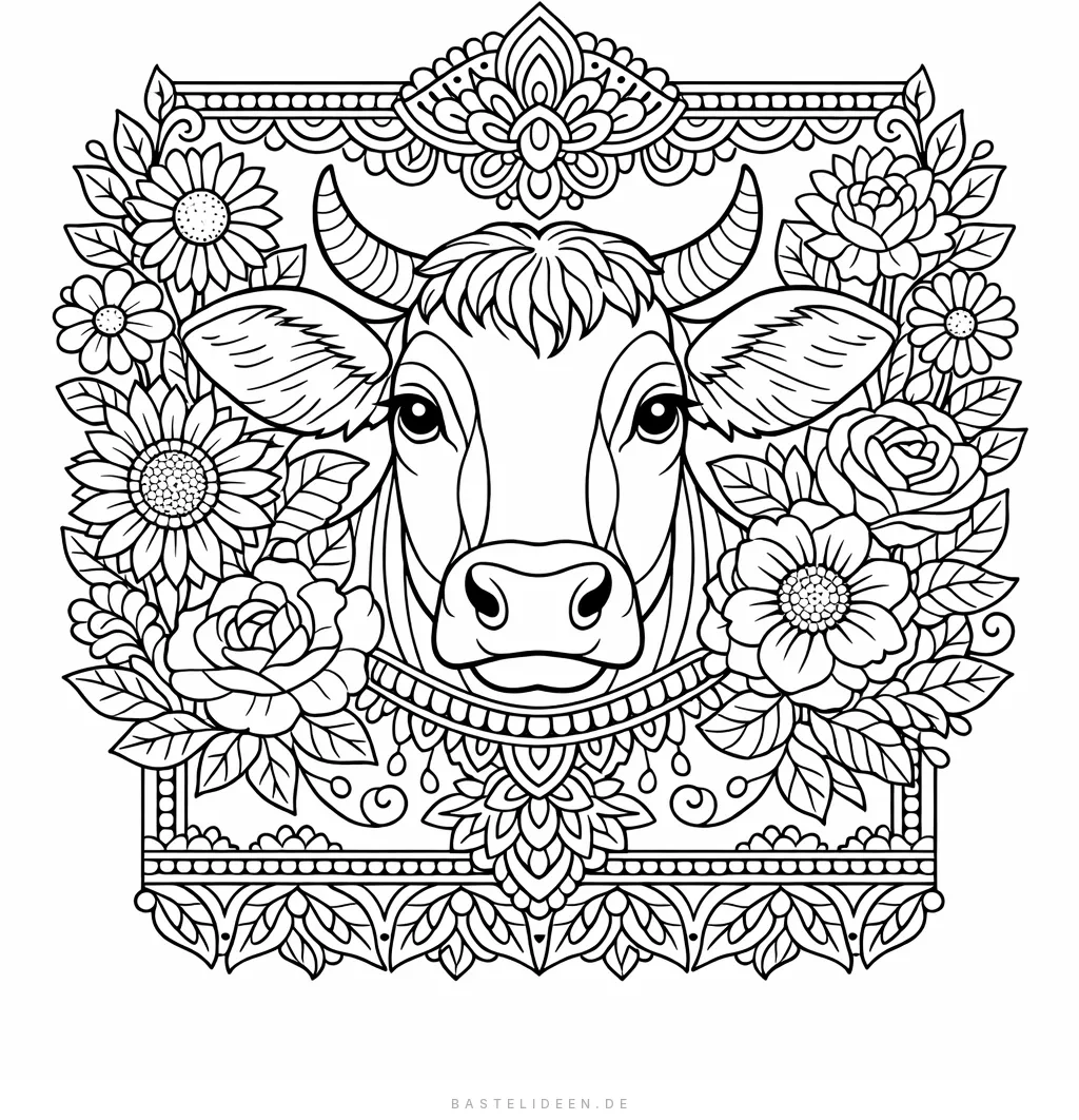 Detailliertes Kuhportrait umgeben von floralen Elementen
