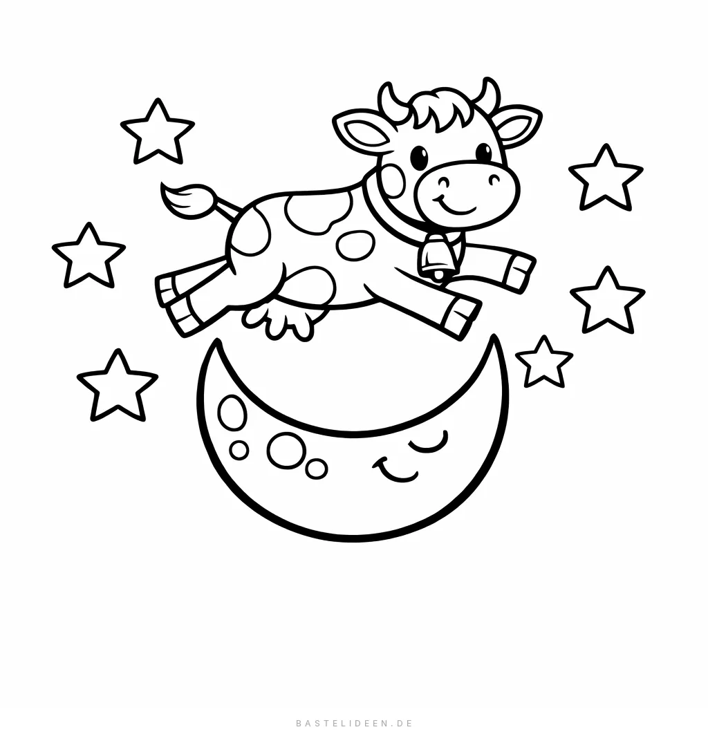 Springende Kuh vor großem Vollmond und Sternen