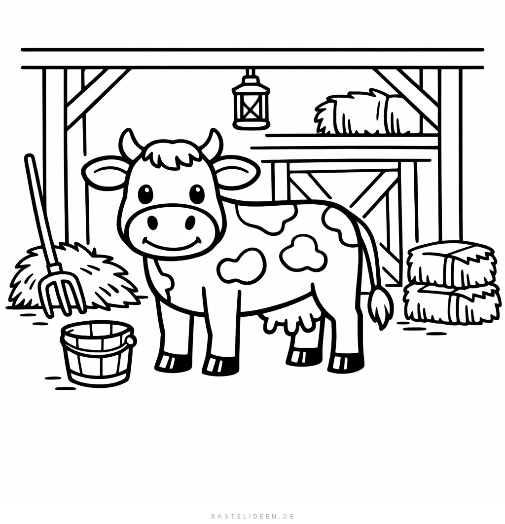 Kuh steht in einem Bauernstall mit Heu und Balken