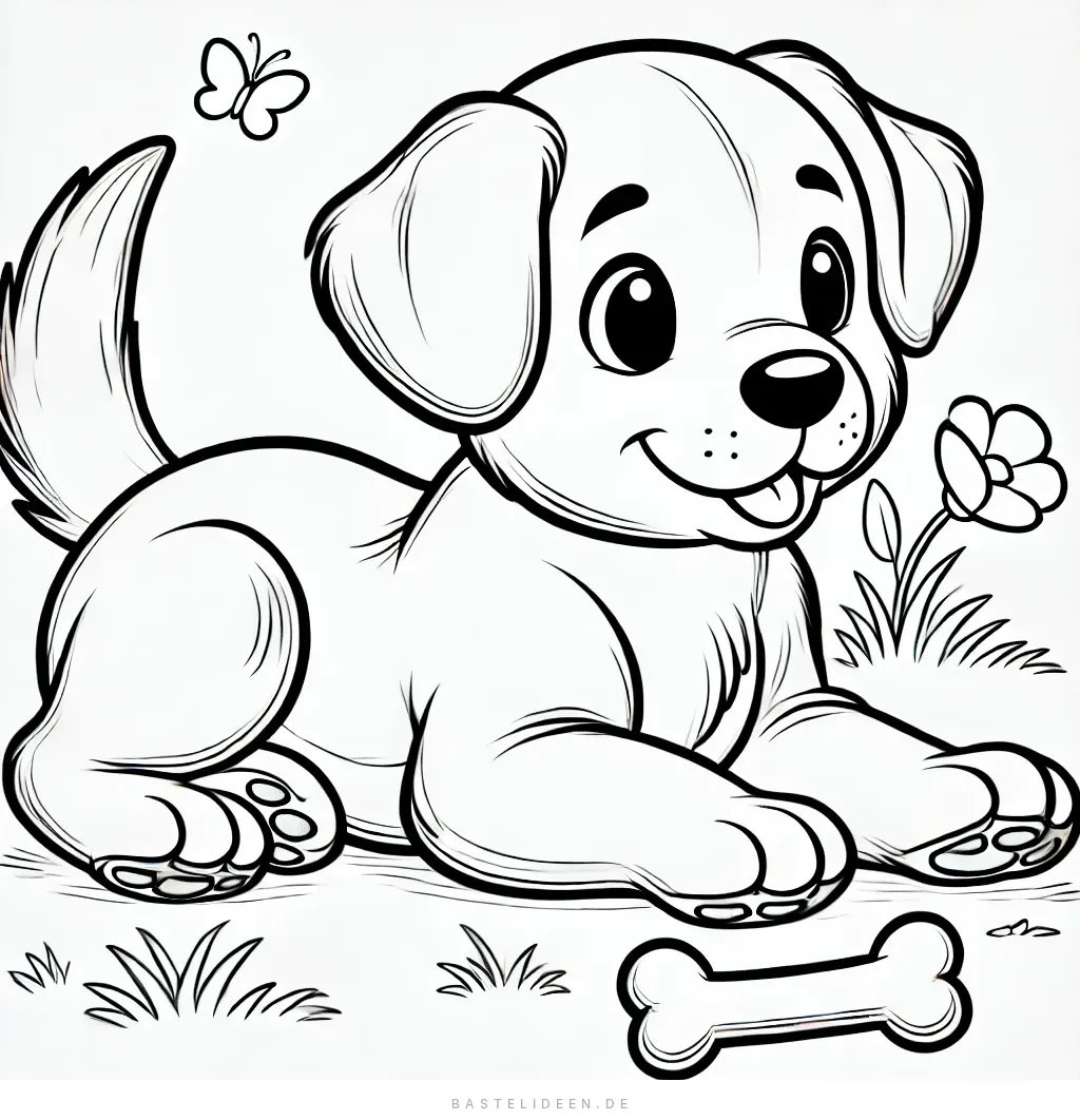 Verspielter Labrador-Welpe mit Knochen und Schmetterling