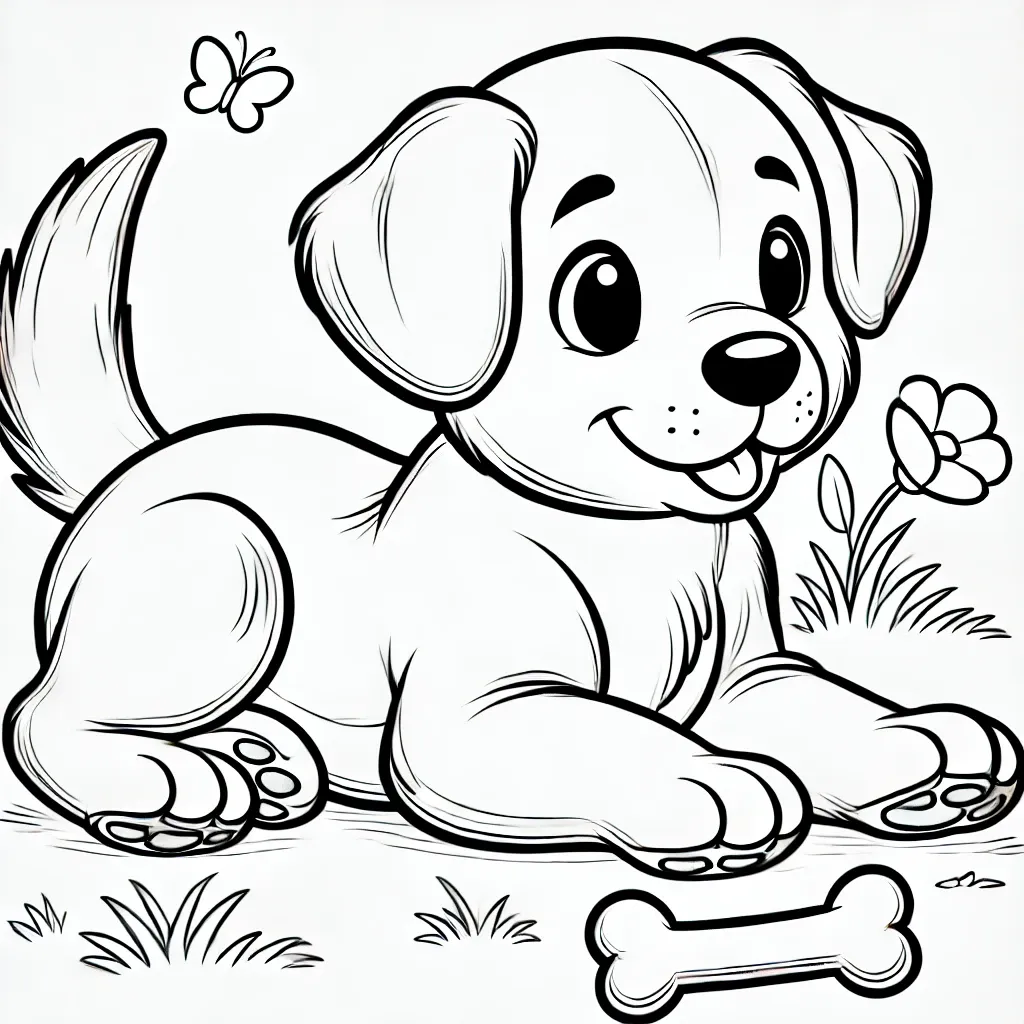Verspielter Labrador-Welpe mit Knochen und Schmetterling