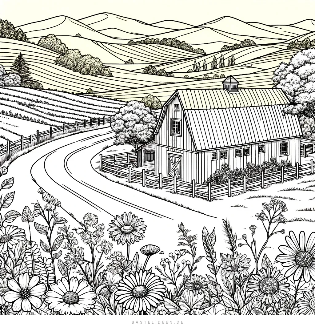 Scheune mit Landstraße und Wildblumenfeldern