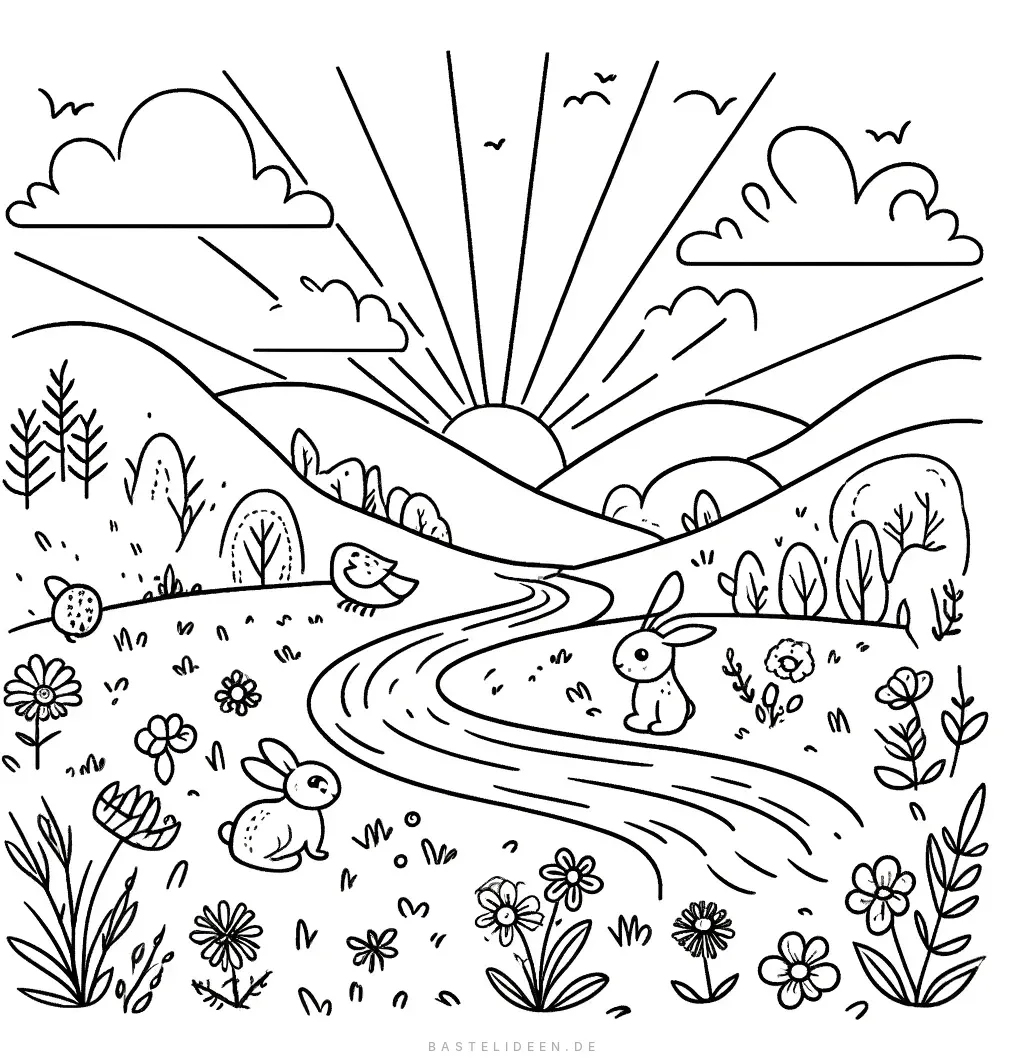 Gewundener Pfad durch eine Wiese mit Hasen und Vögeln