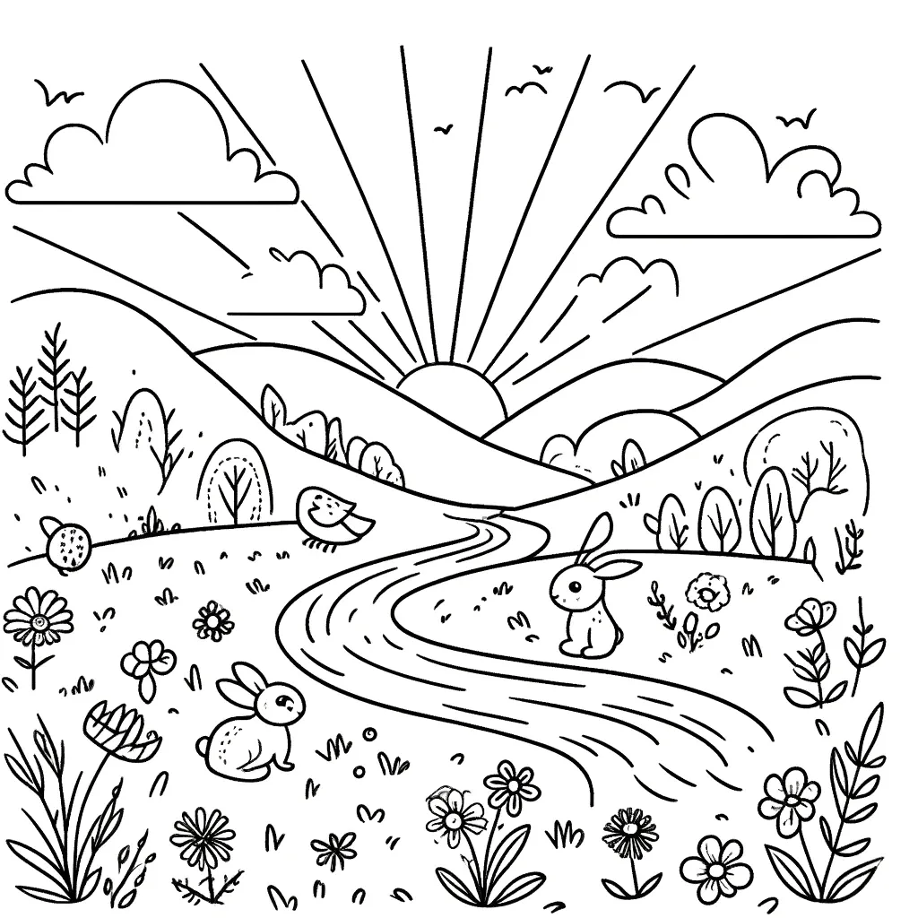 Gewundener Pfad durch eine Wiese mit Hasen und Vögeln