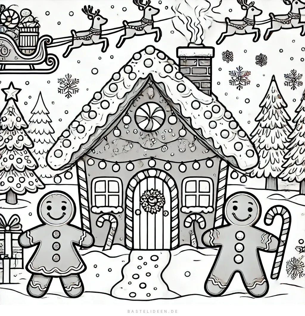 Lebkuchenhaus mit Zuckerstangen und Lebkuchenfiguren