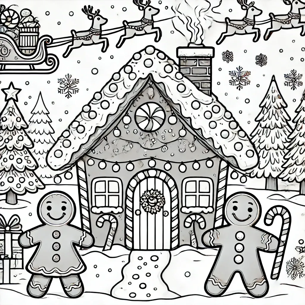 Lebkuchenhaus mit Zuckerstangen und Lebkuchenfiguren