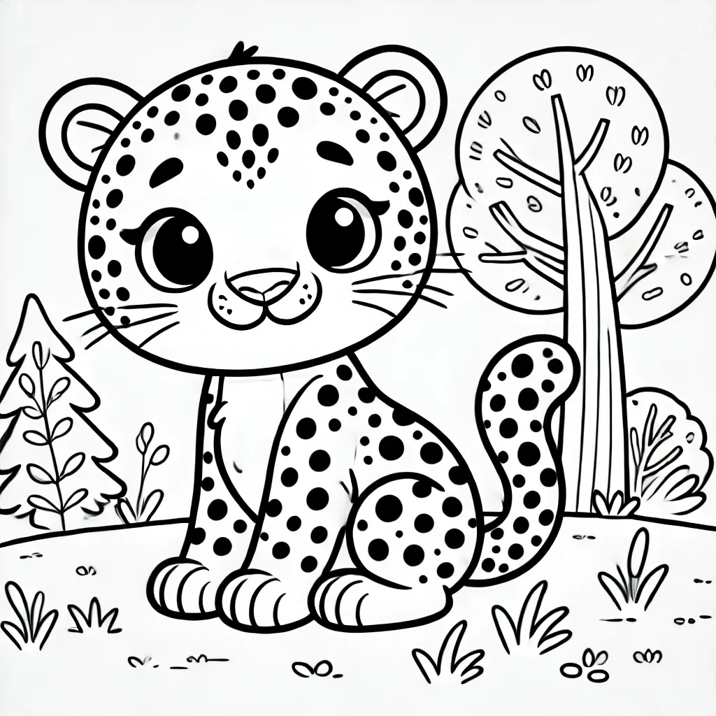 Cartoon-Leopard mit großen Augen im Wald
