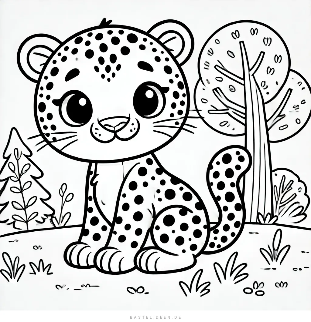 Cartoon-Leopard mit großen Augen im Wald