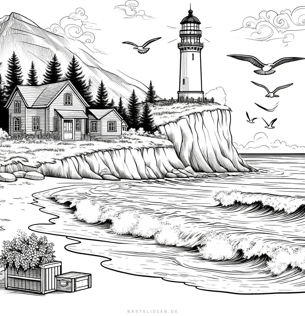 Leuchtturm auf einer Klippe mit Wellen am Strand