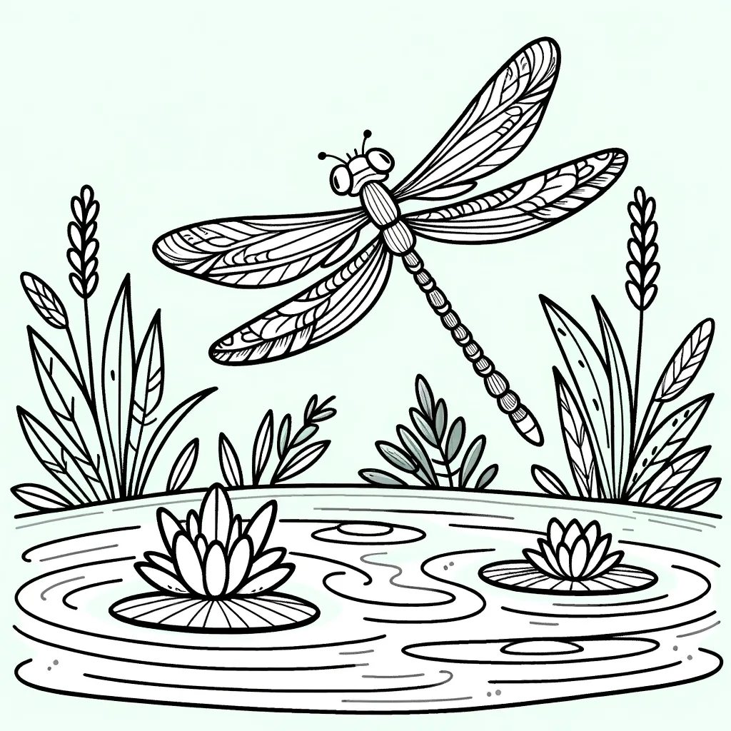 Libelle schwebt über Teich mit Seerosen und Wasserpflanzen