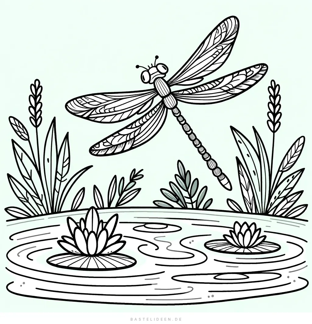 Libelle schwebt über Teich mit Seerosen und Wasserpflanzen