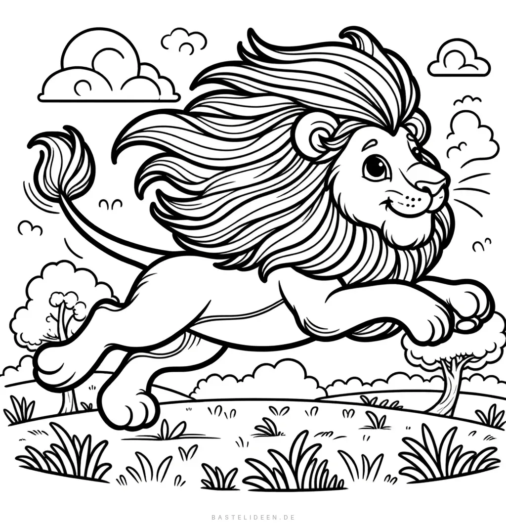 Löwe springt freudig durch die Savanne mit wehender Mähne