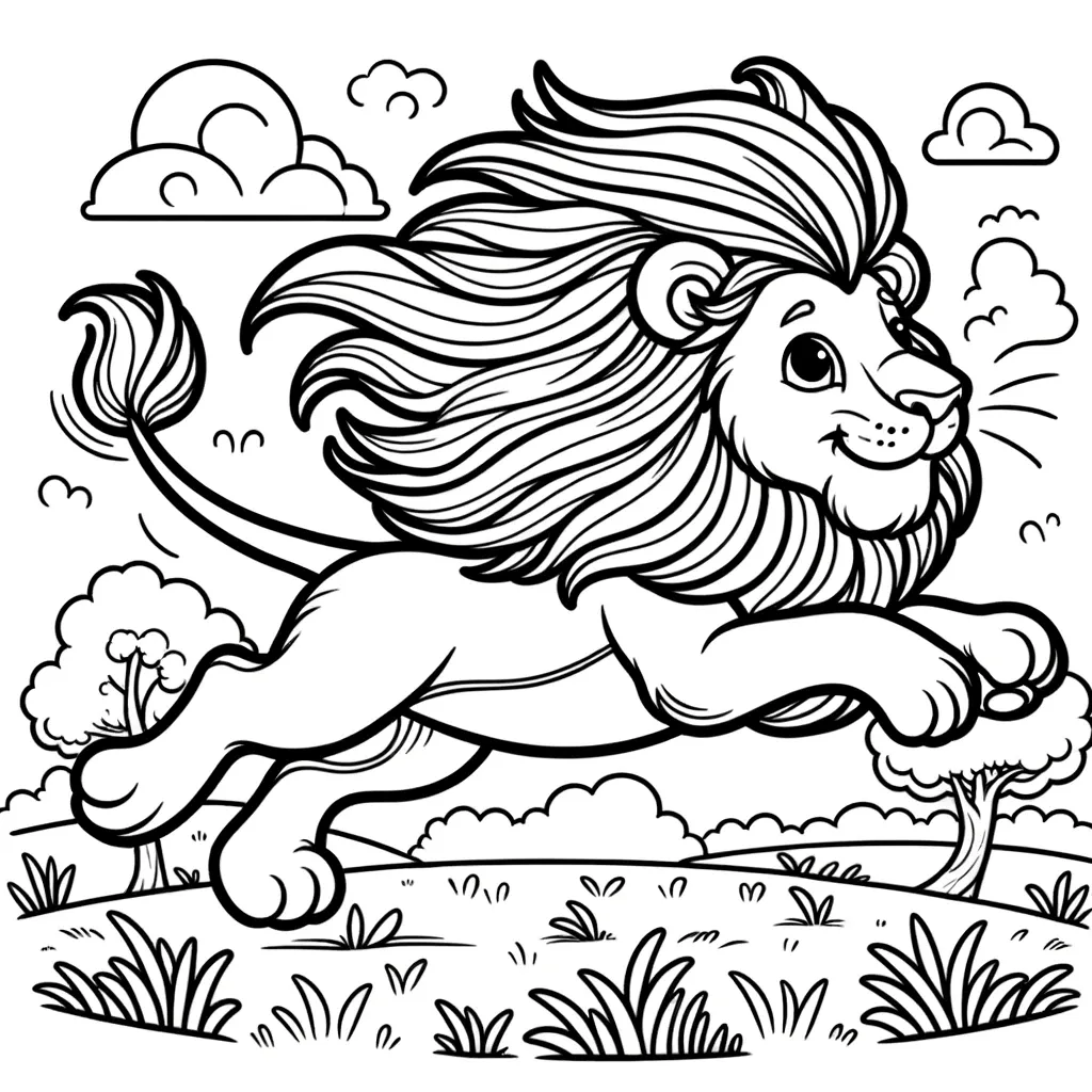 Löwe springt freudig durch die Savanne mit wehender Mähne