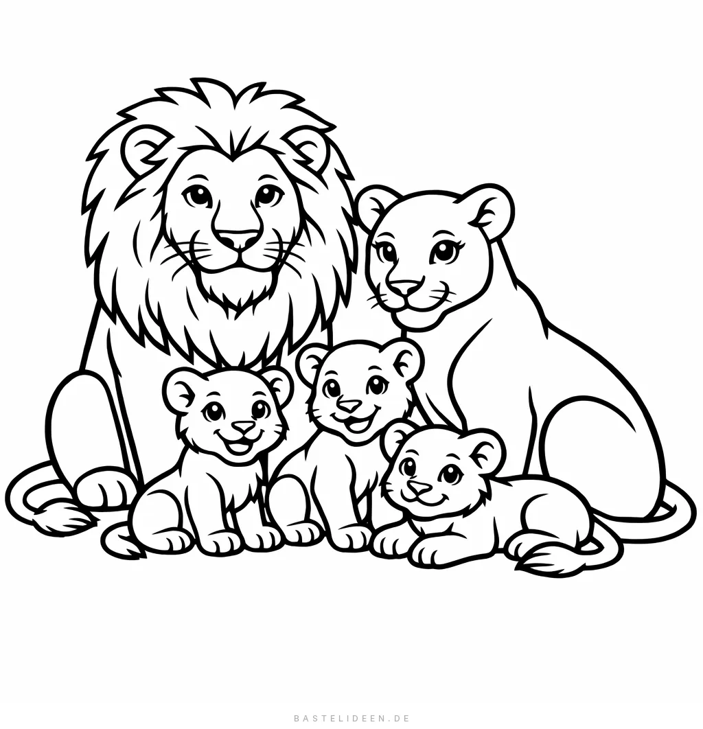 Löwenfamilie mit Männchen, Weibchen und Jungen