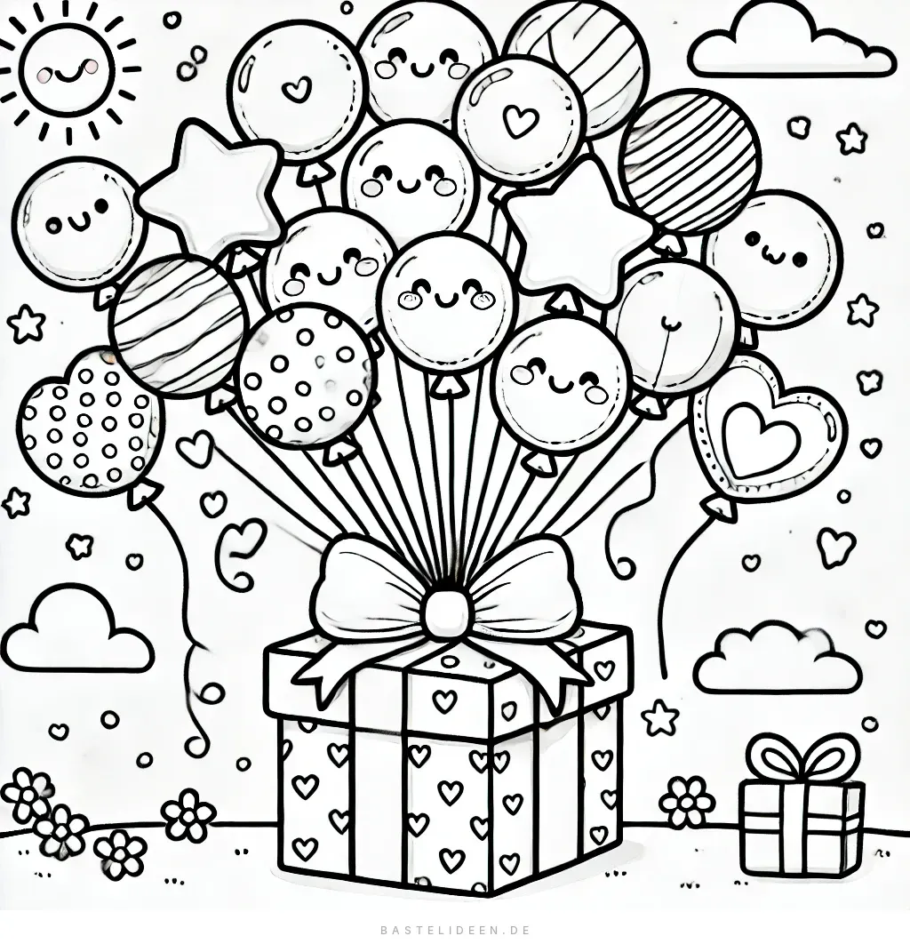 Fröhliche Luftballons mit Gesichtern an einem Geschenk gebunden