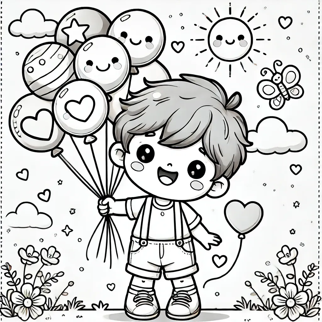 Fröhliches Kind hält bunte Luftballons mit Herz- und Sternmotiven