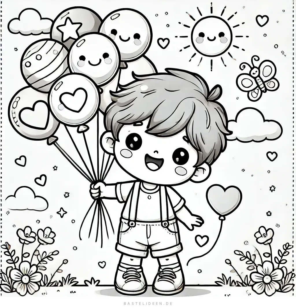 Fröhliches Kind hält bunte Luftballons mit Herz- und Sternmotiven