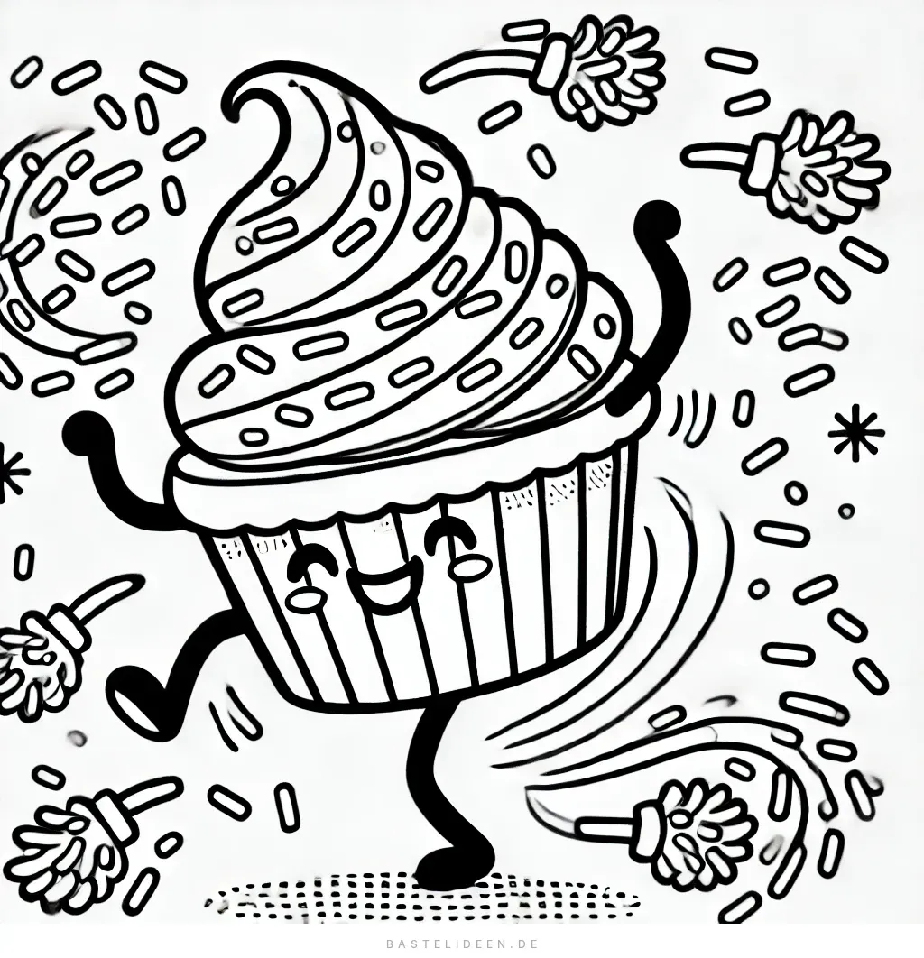 Glücklicher tanzender Cupcake mit Zuckerguss und Streuseln