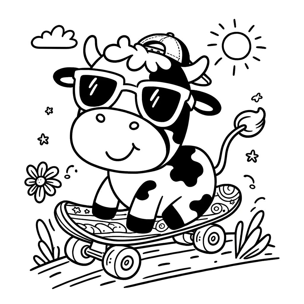 Verspielte Kuh mit Sonnenbrille fährt Skateboard