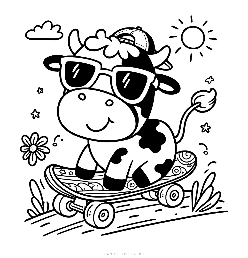 Verspielte Kuh mit Sonnenbrille fährt Skateboard