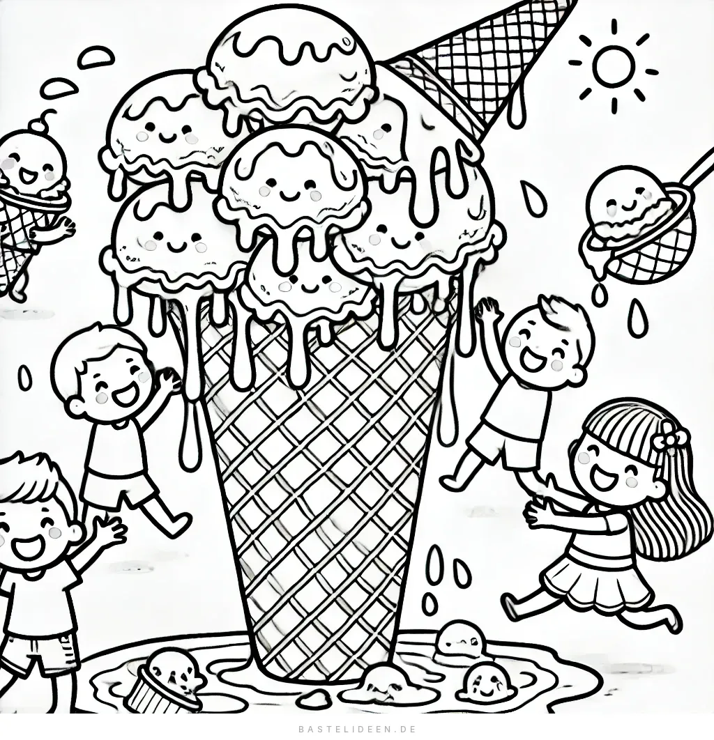 Kinder spielen fröhlich um eine riesige Eistüte