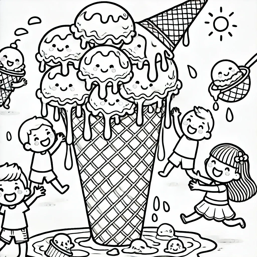 Kinder spielen fröhlich um eine riesige Eistüte