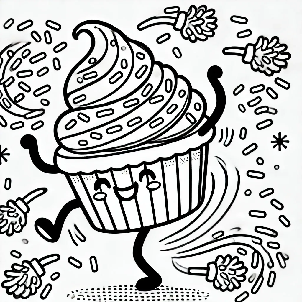 Glücklicher tanzender Cupcake mit Zuckerguss und Streuseln