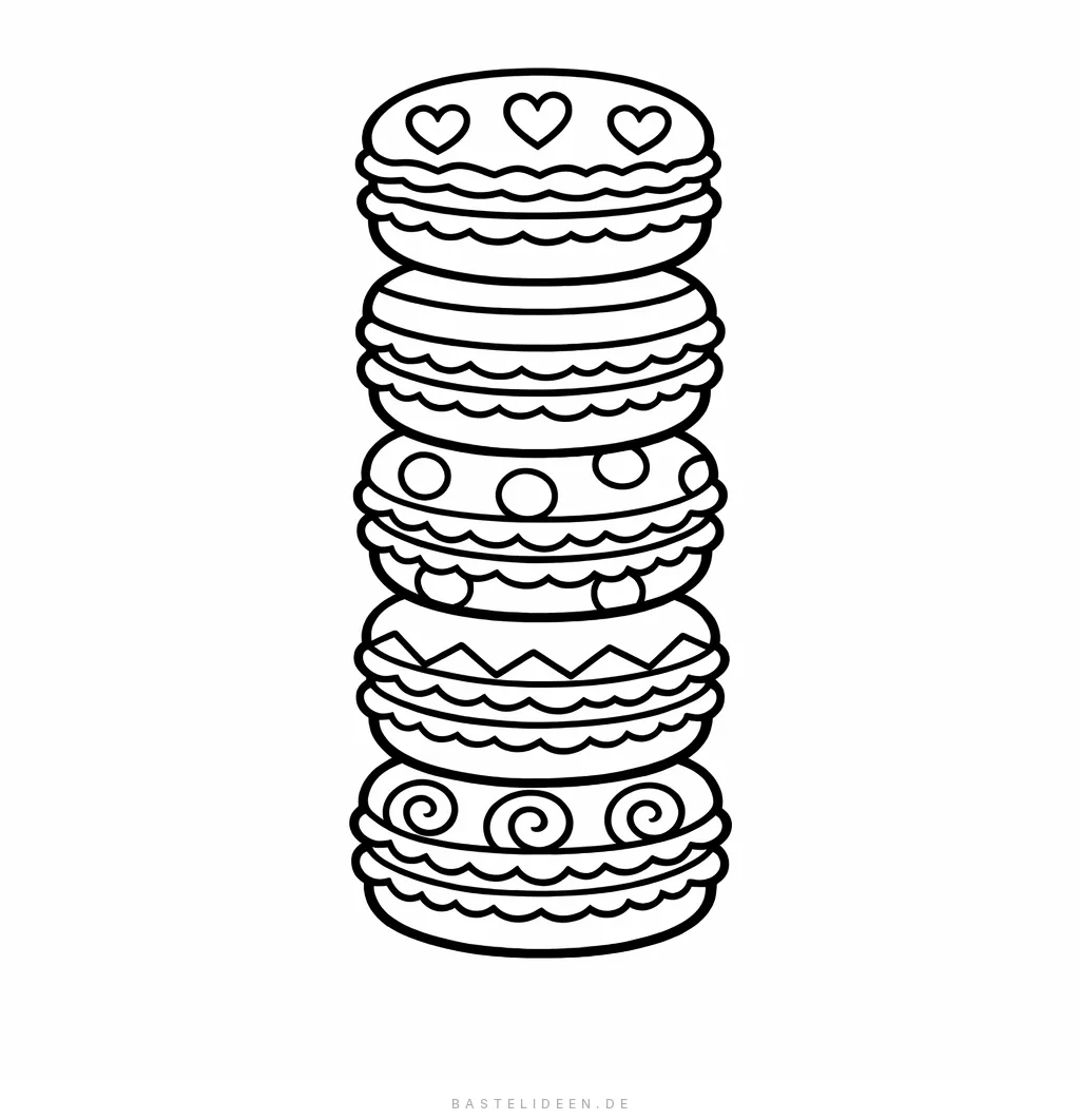 Fünf gestapelte Macarons mit verschiedenen Mustern