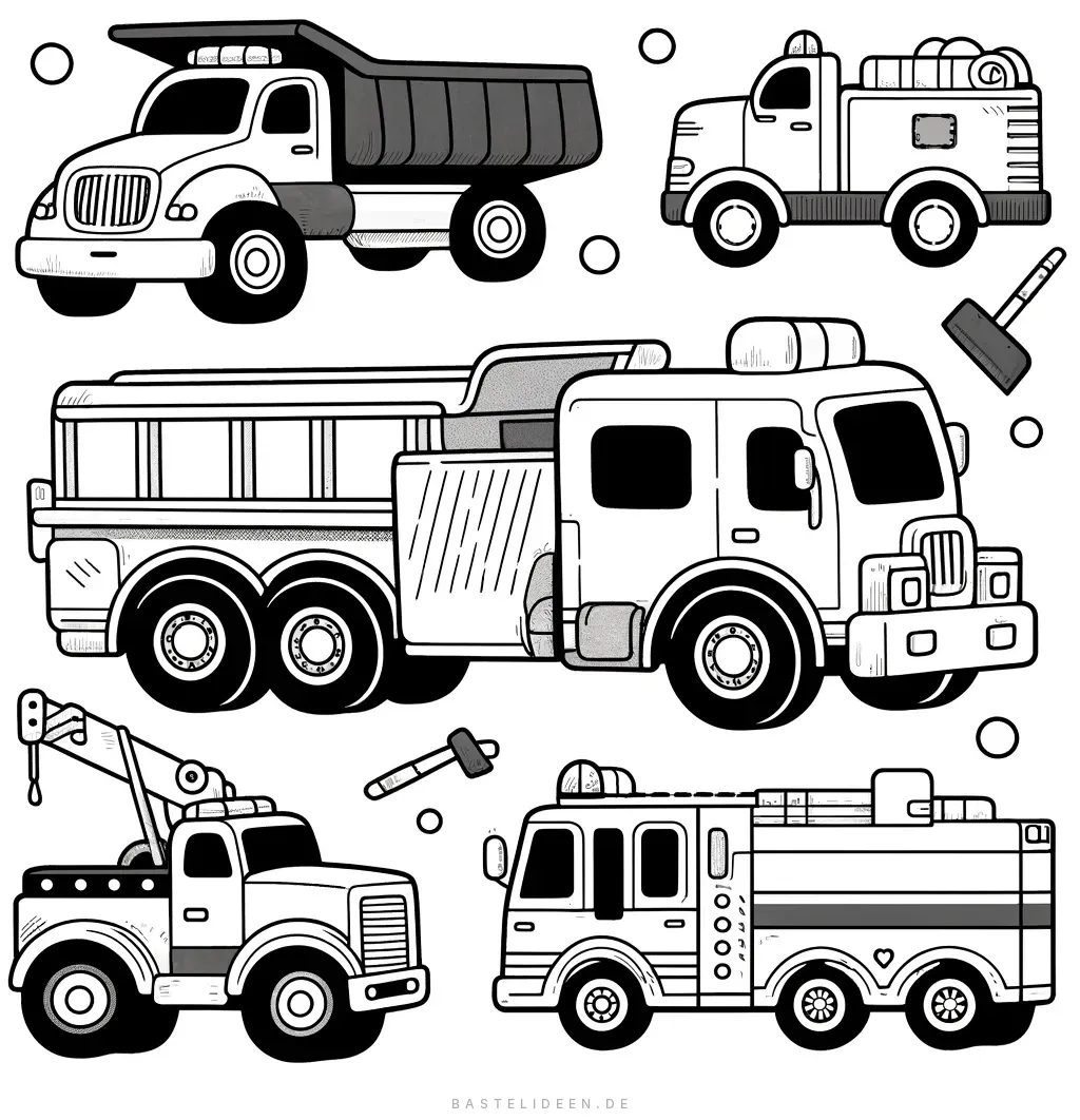 Mächtige LKWs mit Kipper und Feuerwehrauto