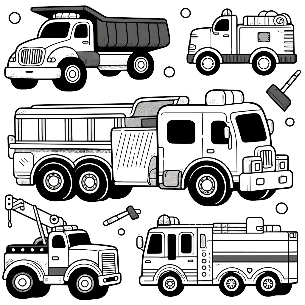 Mächtige LKWs mit Kipper und Feuerwehrauto