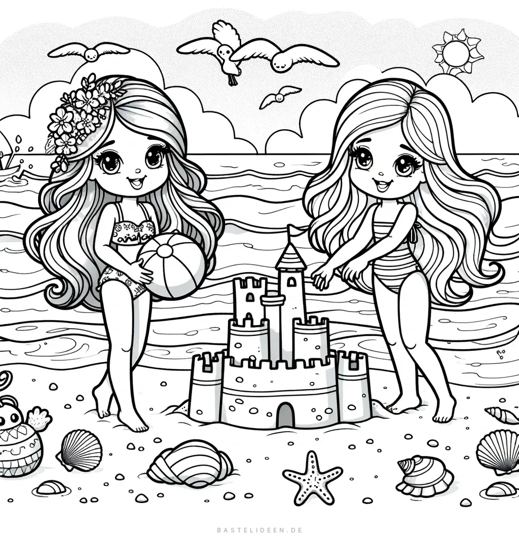 Mädchen bauen Sandburg am Strand