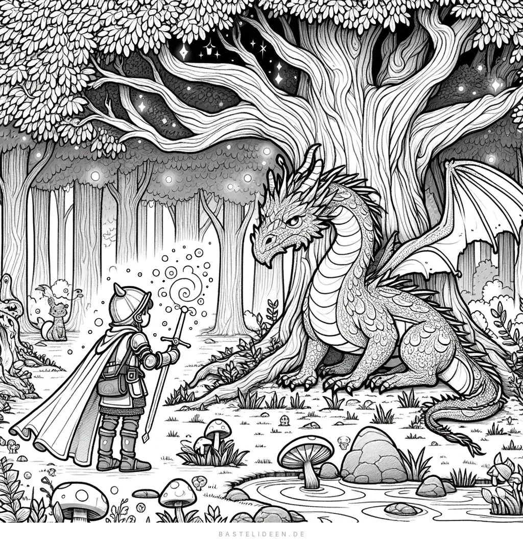 Mutiger Ritter steht vor majestätischem Drachen im Wald