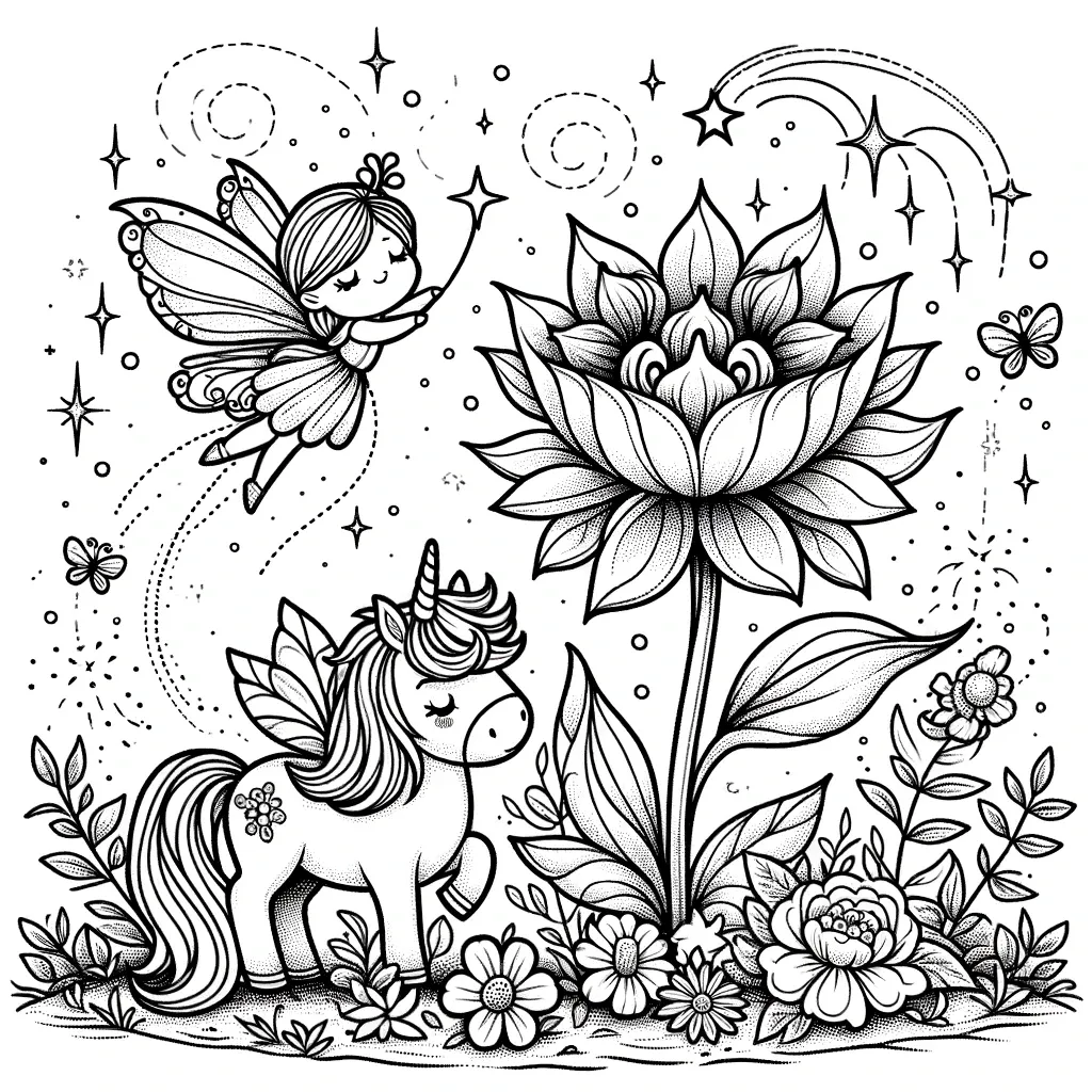 Verträumte Fee mit Einhorn umgeben von Sternen und Schmetterlingen