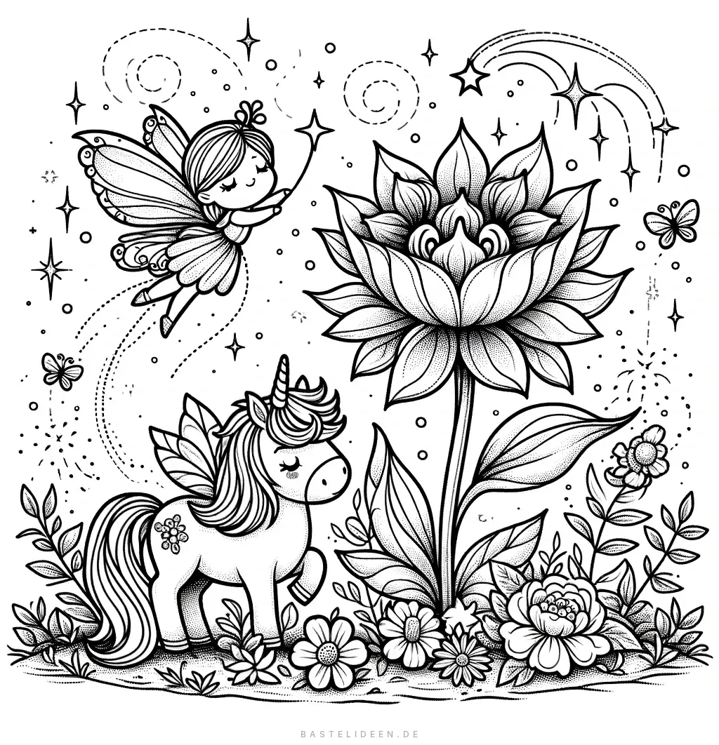 Verträumte Fee mit Einhorn umgeben von Sternen und Schmetterlingen