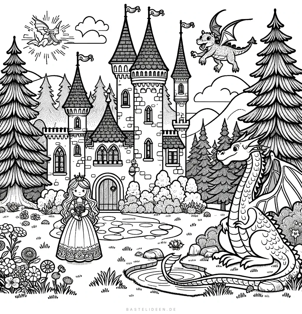 Prinzessin mit Drachen vor prächtigem Schloss im Wald