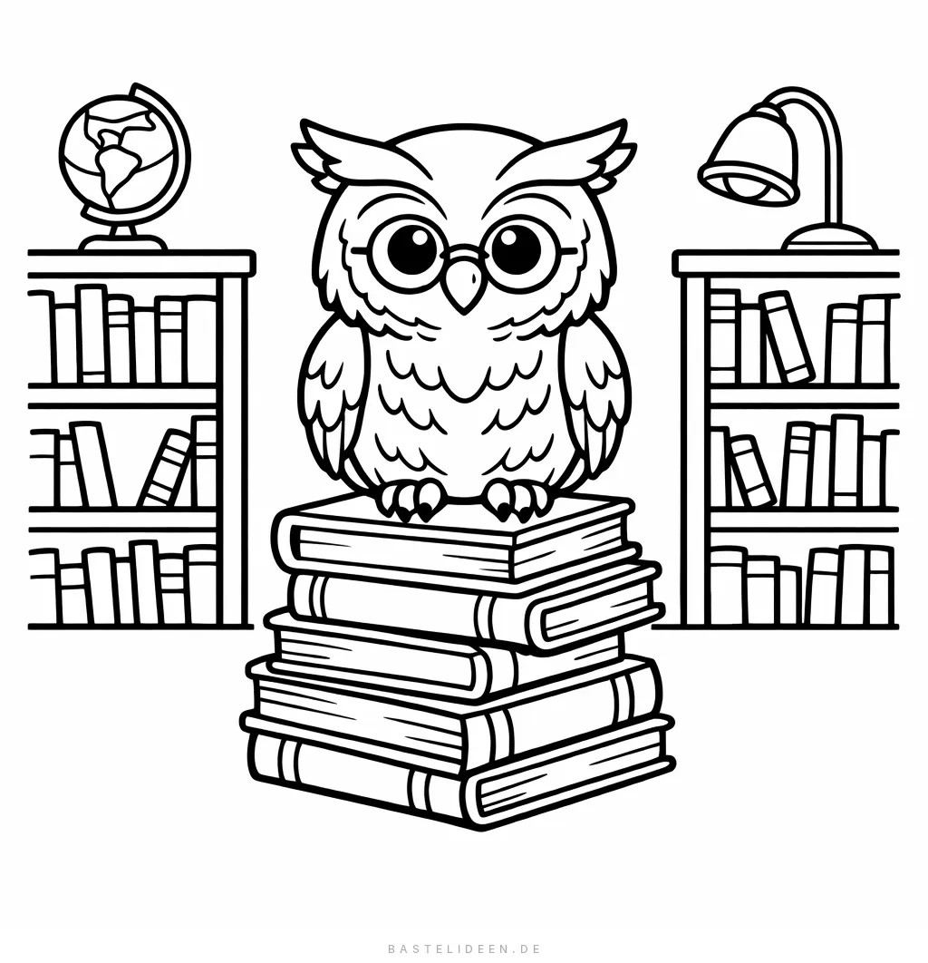 Eule mit Brille auf einem Bücherstapel in der Bibliothek