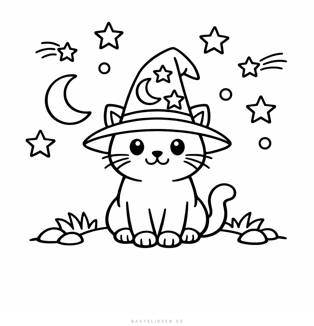 Katze mit Zauberhut unter dem Sternenhimmel