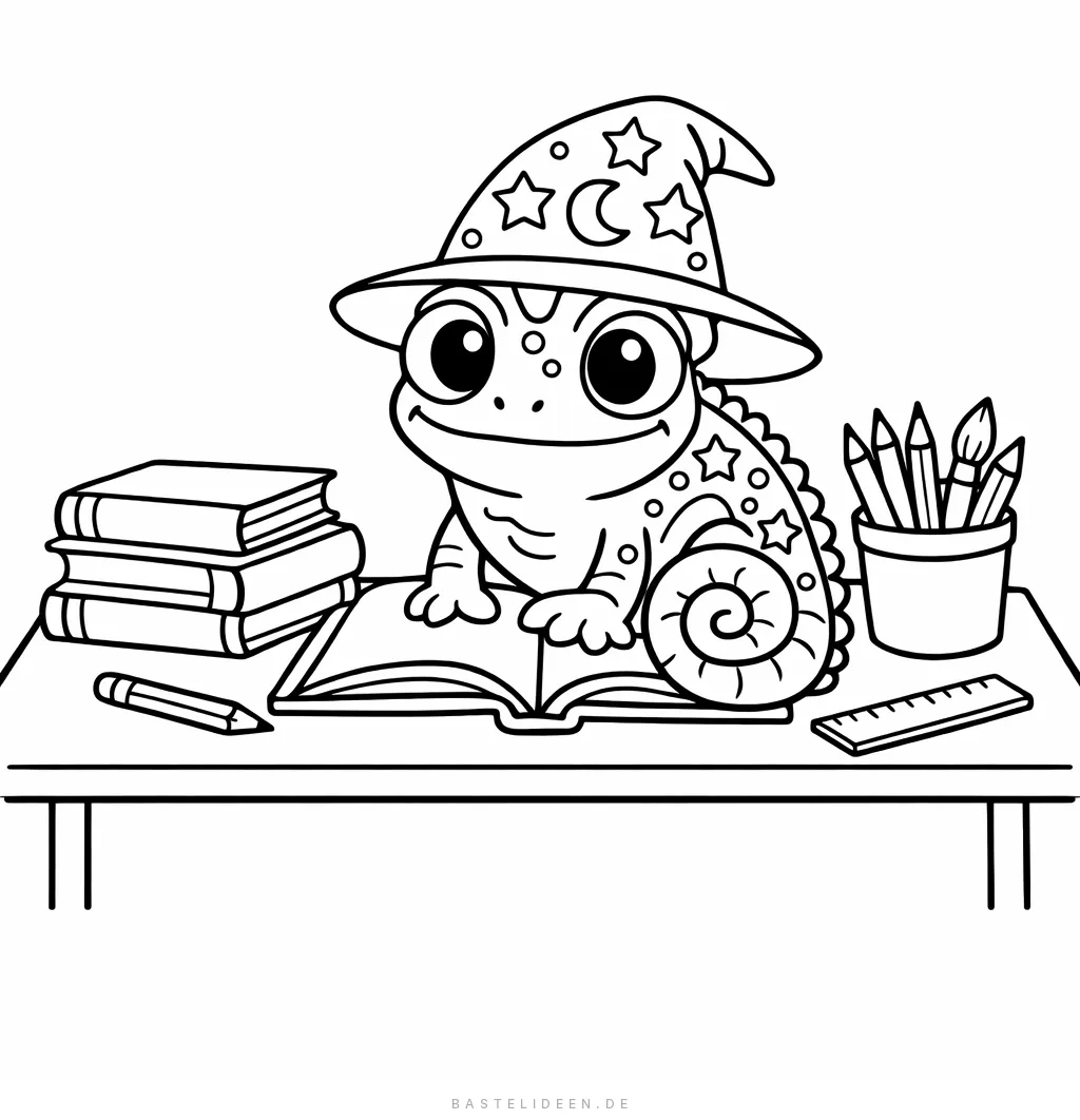 Chamäleon sitzt auf einem Pult im Klassenzimmer