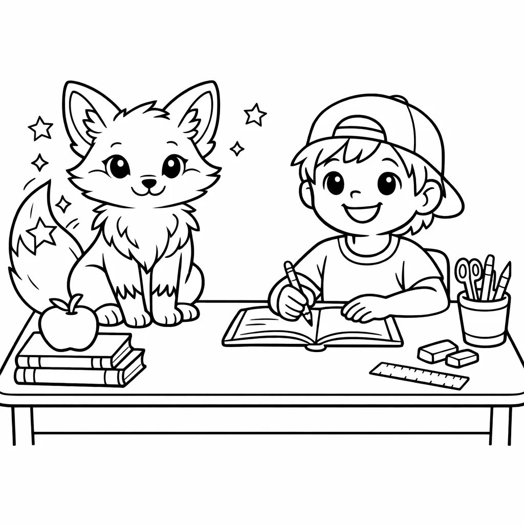Fuchs sitzt neben Schulkind am Schreibtisch mit Büchern und Stiften